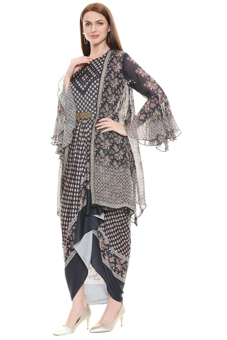 Soup By Sougat Paul_Blue Chiffon, Satin Round Draped Dress With Jacket _Online_at_Aza_Fashions