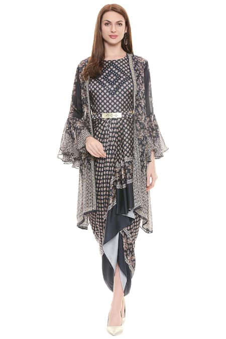 Buy_Soup By Sougat Paul_Blue Chiffon, Satin Round Draped Dress With Jacket _Online_at_Aza_Fashions