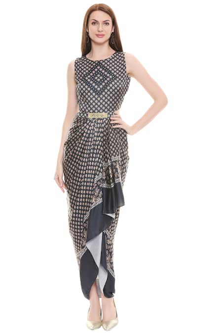 Shop_Soup By Sougat Paul_Blue Chiffon, Satin Round Draped Dress With Jacket _Online_at_Aza_Fashions