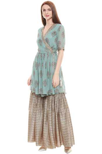Soup By Sougat Paul_Green Chiffon, Malaysian Silk V Neck Tunic Sharara Set _Online_at_Aza_Fashions