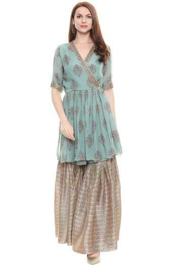 Buy_Soup By Sougat Paul_Green Chiffon, Malaysian Silk V Neck Tunic Sharara Set _Online_at_Aza_Fashions