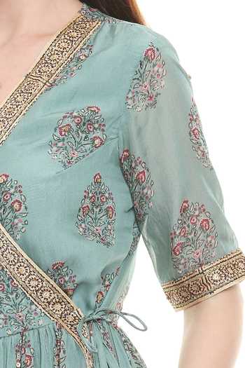 Shop_Soup By Sougat Paul_Green Chiffon, Malaysian Silk V Neck Tunic Sharara Set _Online_at_Aza_Fashions