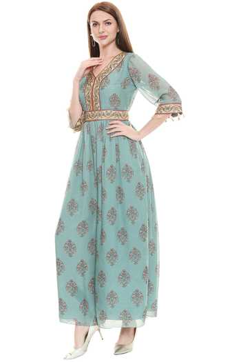 Soup By Sougat Paul_Green Chiffon V Neck Printed Jumpsuit _Online_at_Aza_Fashions