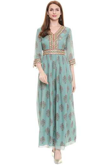 Buy_Soup By Sougat Paul_Green Chiffon V Neck Printed Jumpsuit _Online_at_Aza_Fashions