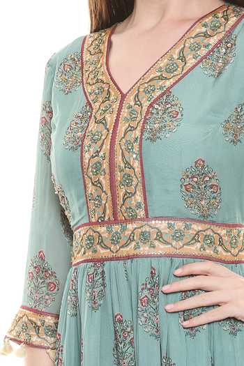 Shop_Soup By Sougat Paul_Green Chiffon V Neck Printed Jumpsuit _Online_at_Aza_Fashions