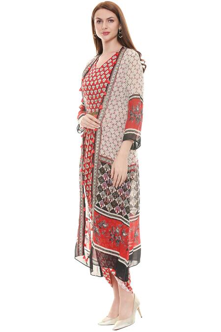 Soup by Sougat Paul_Red Chiffon, Satin V Neck Draped Dress With Jacket _Online_at_Aza_Fashions
