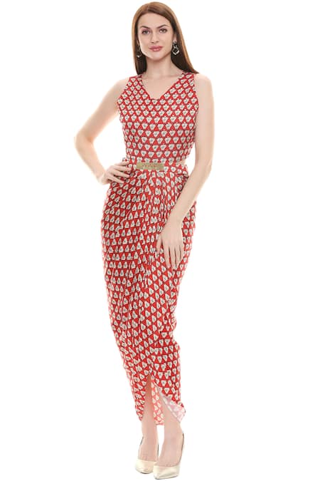 Shop_Soup by Sougat Paul_Red Chiffon, Satin V Neck Draped Dress With Jacket _Online_at_Aza_Fashions