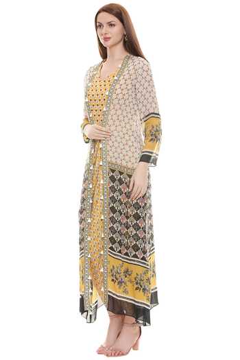 Soup By Sougat Paul_Yellow Chiffon, Satin V Neck Draped Dress With Jacket _Online_at_Aza_Fashions