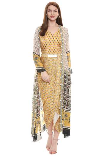 Buy_Soup By Sougat Paul_Yellow Chiffon, Satin V Neck Draped Dress With Jacket _Online_at_Aza_Fashions