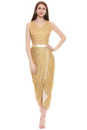 Shop_Soup By Sougat Paul_Yellow Chiffon, Satin V Neck Draped Dress With Jacket _Online_at_Aza_Fashions