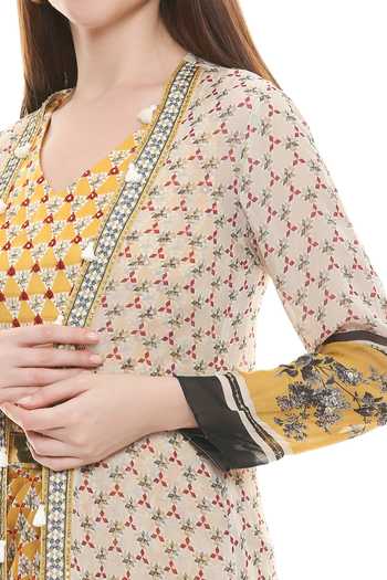 Soup By Sougat Paul_Yellow Chiffon, Satin V Neck Draped Dress With Jacket _at_Aza_Fashions