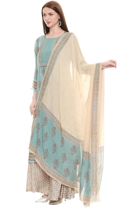 Soup By Sougat Paul_Green Chiffon, Satin Round Printed Kurta Palazzo Set _Online_at_Aza_Fashions