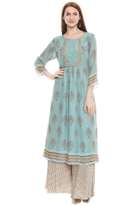 Shop_Soup By Sougat Paul_Green Chiffon, Satin Round Printed Kurta Palazzo Set _Online_at_Aza_Fashions
