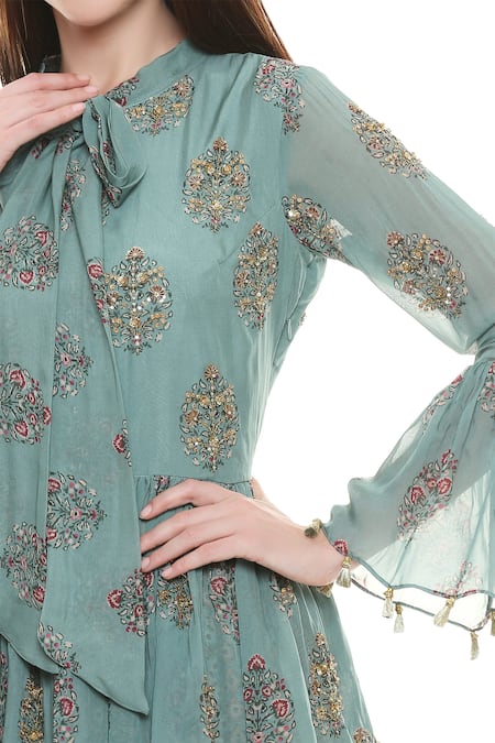 Shop_Soup By Sougat Paul_Green Chiffon, Muslin Slub Round Printed Top Pant Set _Online_at_Aza_Fashions