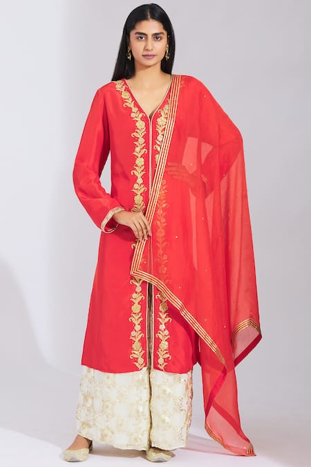 Varsha Wadhwa_Red Habutai Silk Embellished Kurta Palazzo Set_Online_at_Aza_Fashions