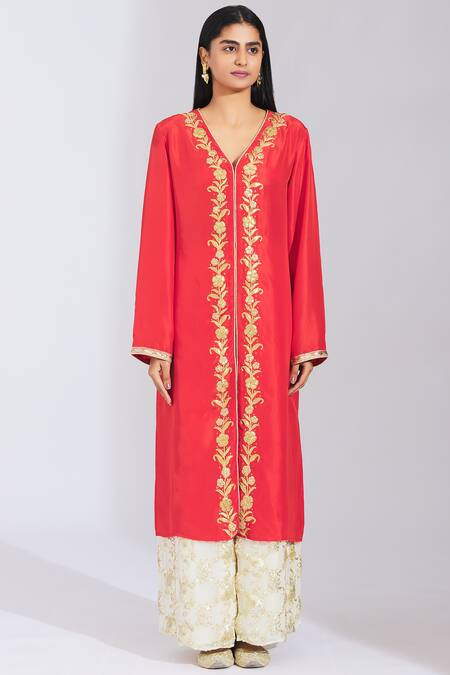 Buy_Varsha Wadhwa_Red Habutai Silk Embellished Kurta Palazzo Set_Online_at_Aza_Fashions