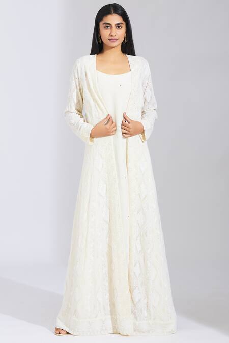 Varsha Wadhwa White Viscose Crepe Embroidered Jacket With Kurta