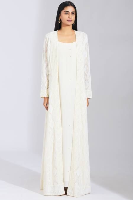 Varsha Wadhwa White Viscose Crepe Embroidered Jacket With Kurta Online at Aza Fashions Varsha Wadhwa_White Viscose Crepe Embroidered Jacket With Kurta_Online_at_Aza_Fashions