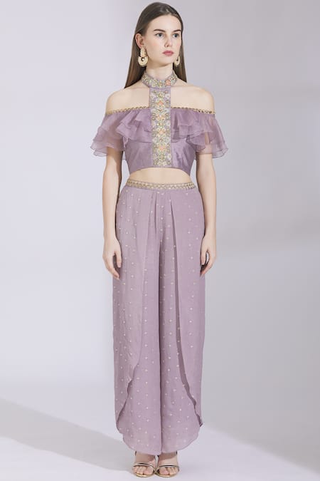 Buy_Ayesha Aejaz_Purple Silk Round Embroidered Top Pant Set  _Online_at_Aza_Fashions