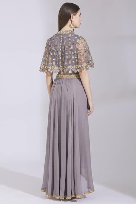 Ayesha Aejaz Embroidered Cape Blouse & Skirt Set 