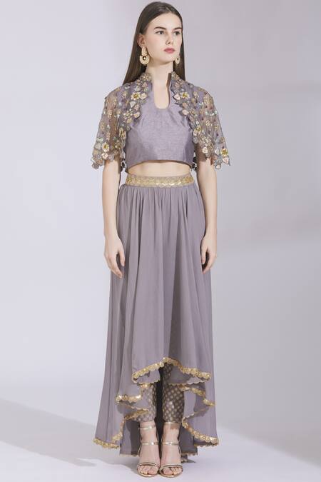 Buy_Ayesha Aejaz_Grey Georgette Mandarin Collar Embroidered Cape Blouse And Skirt Set  _Online_at_Aza_Fashions