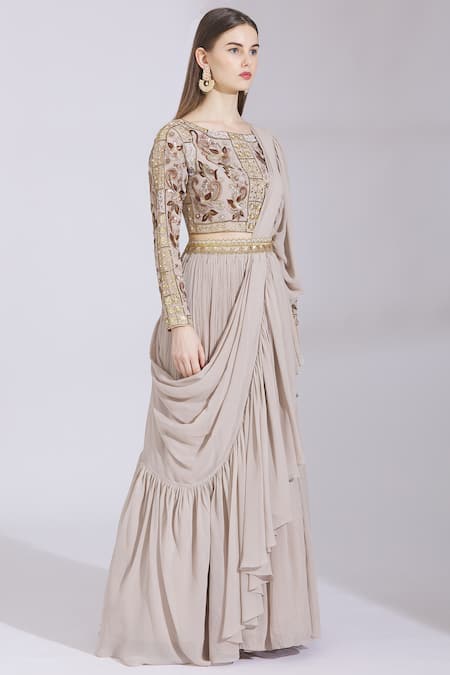 Ayesha Aejaz_Grey Georgette Round Draped Ruffle Lehenga Saree _Online_at_Aza_Fashions
