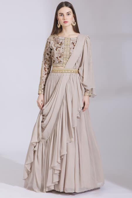 Buy_Ayesha Aejaz_Grey Georgette Round Draped Ruffle Lehenga Saree _Online_at_Aza_Fashions