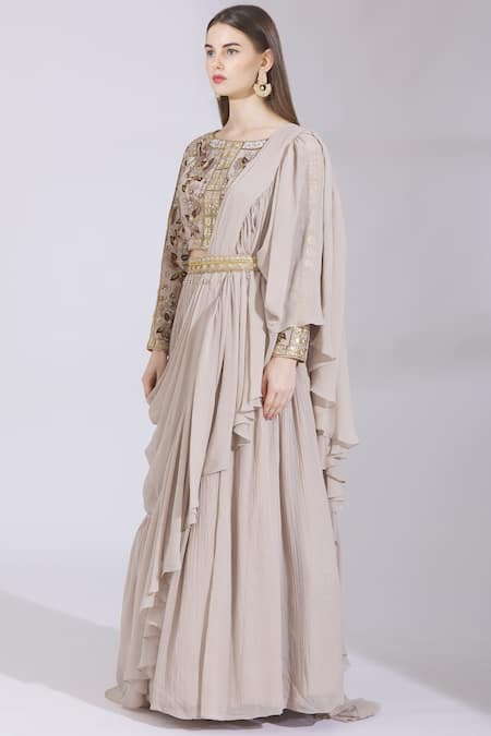 Shop_Ayesha Aejaz_Grey Georgette Round Draped Ruffle Lehenga Saree _Online_at_Aza_Fashions