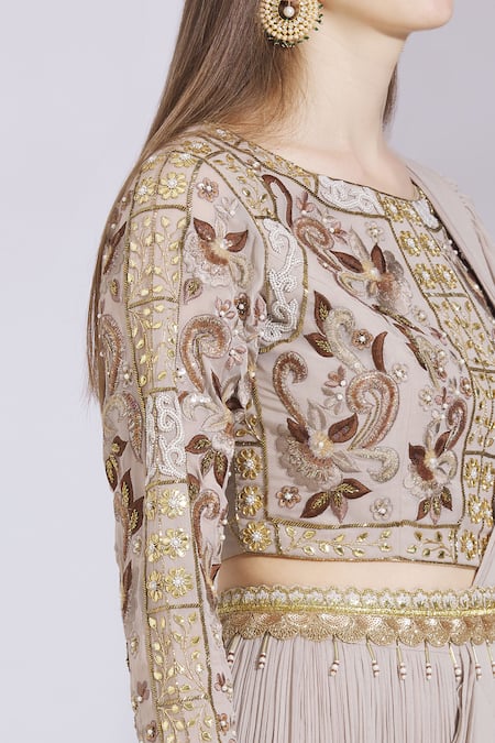 Ayesha Aejaz_Grey Georgette Round Draped Ruffle Lehenga Saree _at_Aza_Fashions