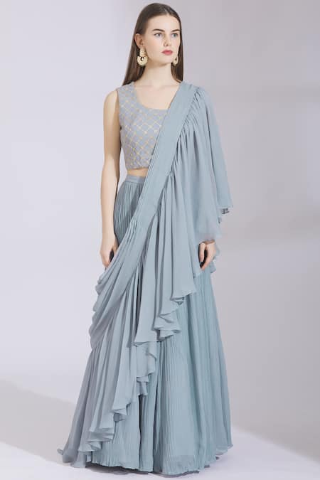 Shop_Ayesha Aejaz_Grey Georgette Cape Mandarin Collar Draped Ruffle Lehenga Saree  _Online_at_Aza_Fashions