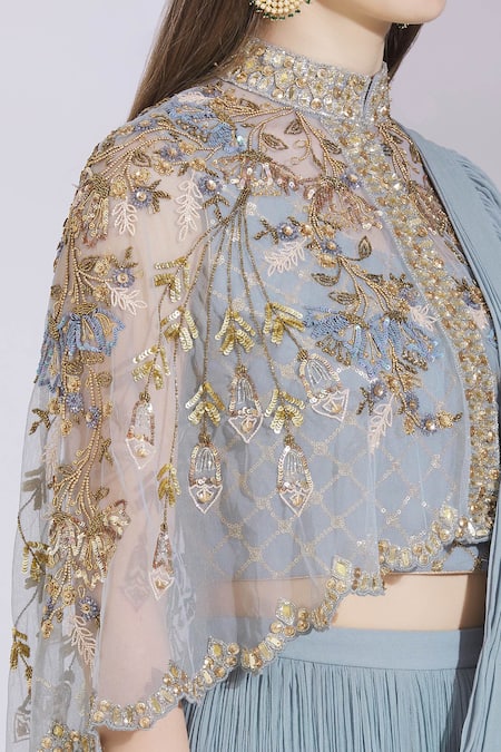 Ayesha Aejaz_Grey Georgette Cape Mandarin Collar Draped Ruffle Lehenga Saree  _at_Aza_Fashions