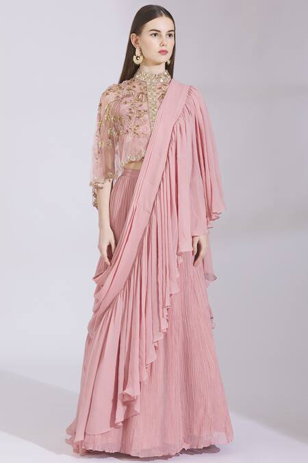 Ayesha Aejaz_Pink Georgette Cape Mandarin Collar Draped Ruffle Lehenga Saree  _Online_at_Aza_Fashions