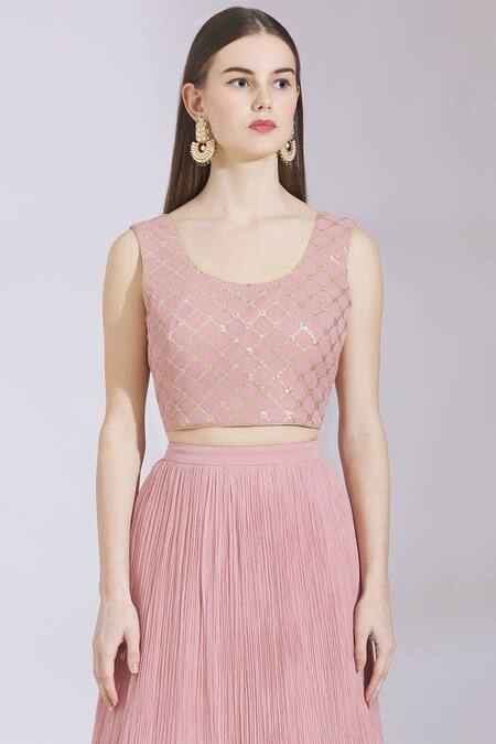 Shop_Ayesha Aejaz_Pink Georgette Cape Mandarin Collar Draped Ruffle Lehenga Saree  _Online_at_Aza_Fashions