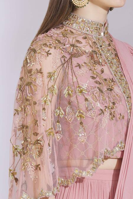 Ayesha Aejaz_Pink Georgette Cape Mandarin Collar Draped Ruffle Lehenga Saree  _at_Aza_Fashions