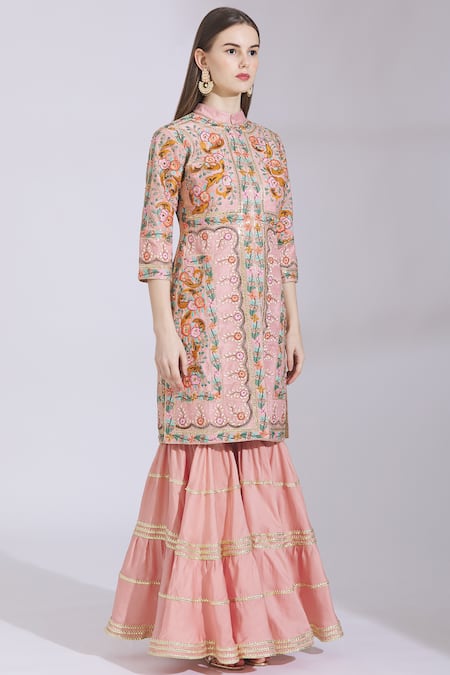 Ayesha Aejaz_Pink Raw Silk Mandarin Collar Embroidered Kurta Sharara Set  _Online_at_Aza_Fashions