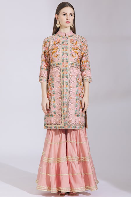 Buy_Ayesha Aejaz_Pink Raw Silk Mandarin Collar Embroidered Kurta Sharara Set  _Online_at_Aza_Fashions