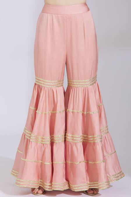 Shop_Ayesha Aejaz_Pink Raw Silk Mandarin Collar Embroidered Kurta Sharara Set  _Online_at_Aza_Fashions