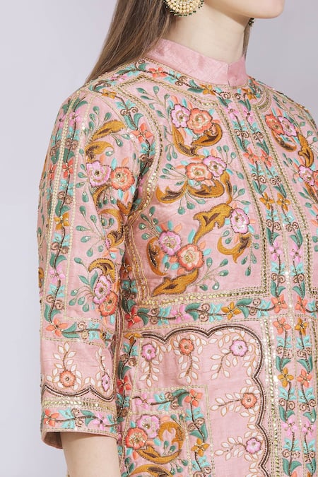 Ayesha Aejaz_Pink Raw Silk Mandarin Collar Embroidered Kurta Sharara Set  _at_Aza_Fashions