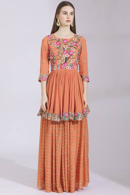 Buy_Ayesha Aejaz_Orange Georgette Round Embroidered Kurta Palazzo Set  _Online_at_Aza_Fashions
