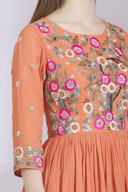 Ayesha Aejaz_Orange Georgette Round Embroidered Kurta Palazzo Set  _at_Aza_Fashions