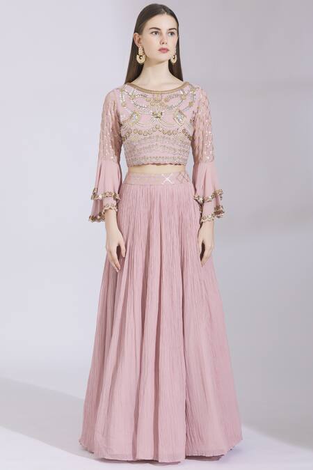 Ayesha Aejaz_Pink Georgette Round Embroidered Lehenga Set _Online_at_Aza_Fashions