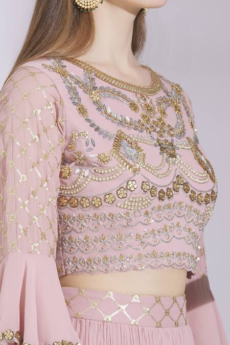 Ayesha Aejaz_Pink Georgette Round Embroidered Lehenga Set _at_Aza_Fashions