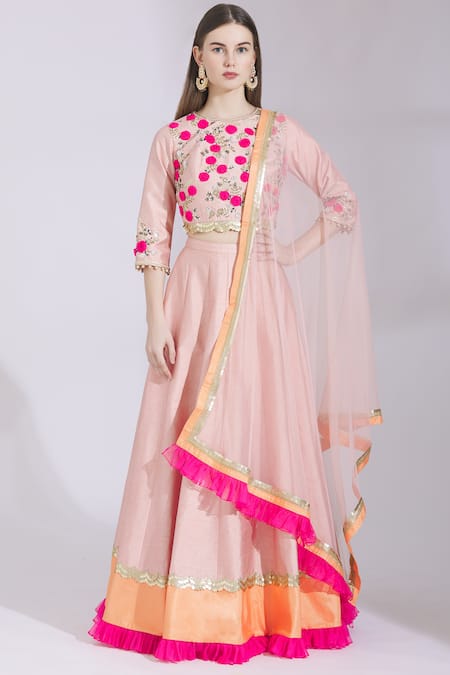 Ayesha Aejaz_Pink Raw Silk Round Embroidered Lehenga Set _Online_at_Aza_Fashions
