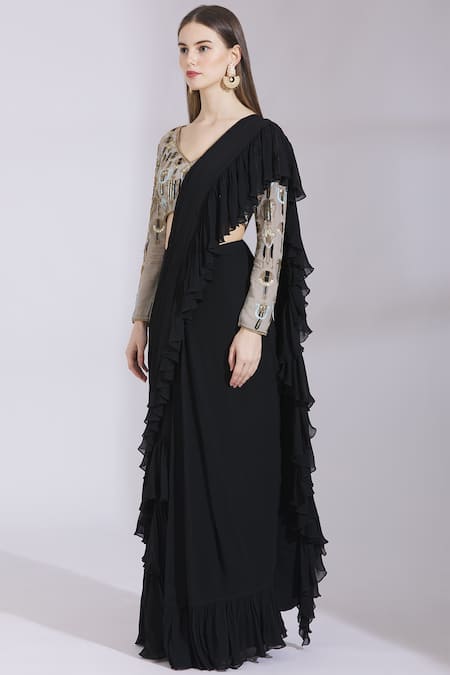 Buy_Ayesha Aejaz_Black Georgette V Neck Pre-draped Ruffle Saree With Blouse  _Online_at_Aza_Fashions