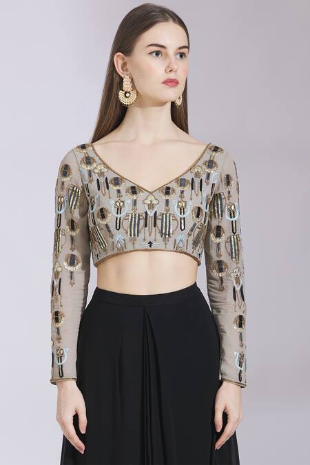 Shop_Ayesha Aejaz_Black Georgette V Neck Pre-draped Ruffle Saree With Blouse  _Online_at_Aza_Fashions