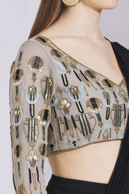 Ayesha Aejaz_Black Georgette V Neck Pre-draped Ruffle Saree With Blouse  _at_Aza_Fashions