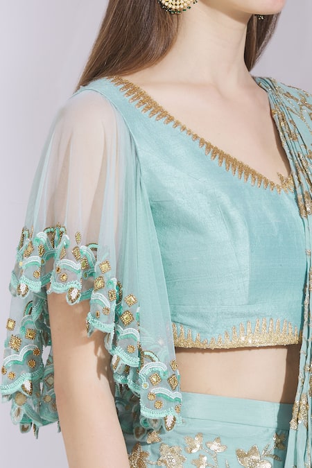 Ayesha Aejaz_Blue Chinnon V Neck Pre-draped Saree With Blouse  _at_Aza_Fashions