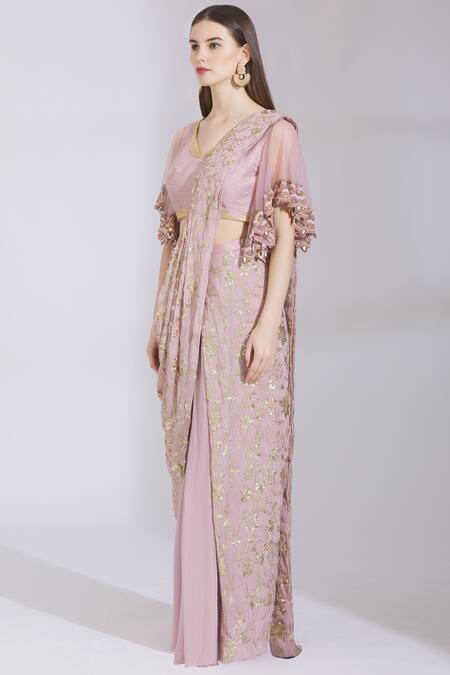 Shop_Ayesha Aejaz_Pink Chinnon V Neck Pre-draped Saree With Blouse _Online_at_Aza_Fashions