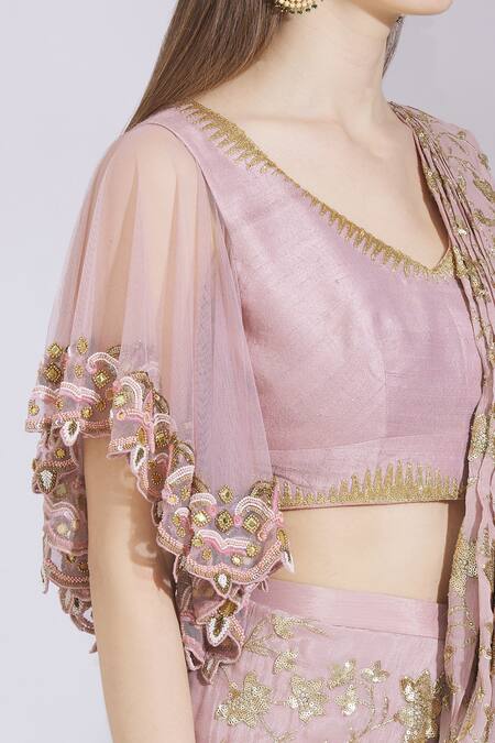 Ayesha Aejaz_Pink Chinnon V Neck Pre-draped Saree With Blouse _at_Aza_Fashions