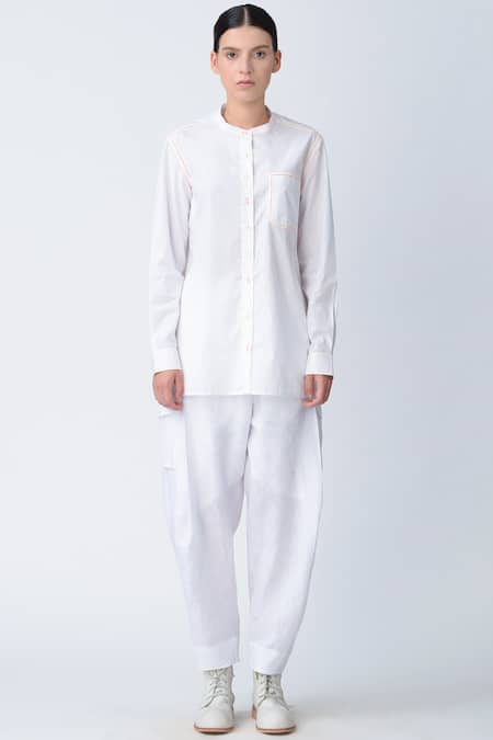 Rajesh Pratap Singh_White Band Collar Cotton Shirt _Online_at_Aza_Fashions